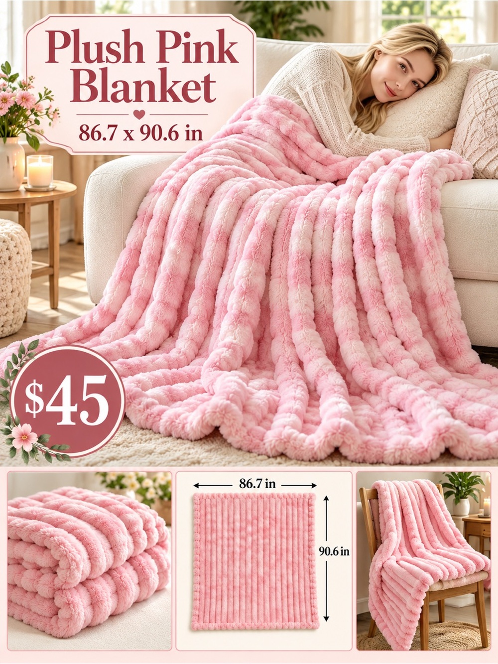 Pink Plush Blanket 86.7 x 90.6 in